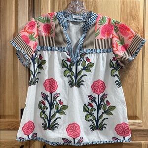 Printed Split-Neck Floral Cotton Top - Pink & White